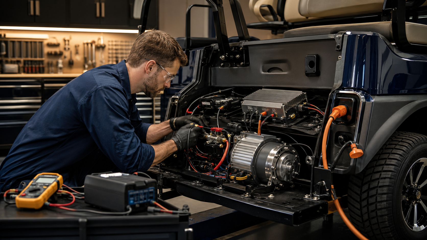 Golf cart electric motor, controller and charging system inspection