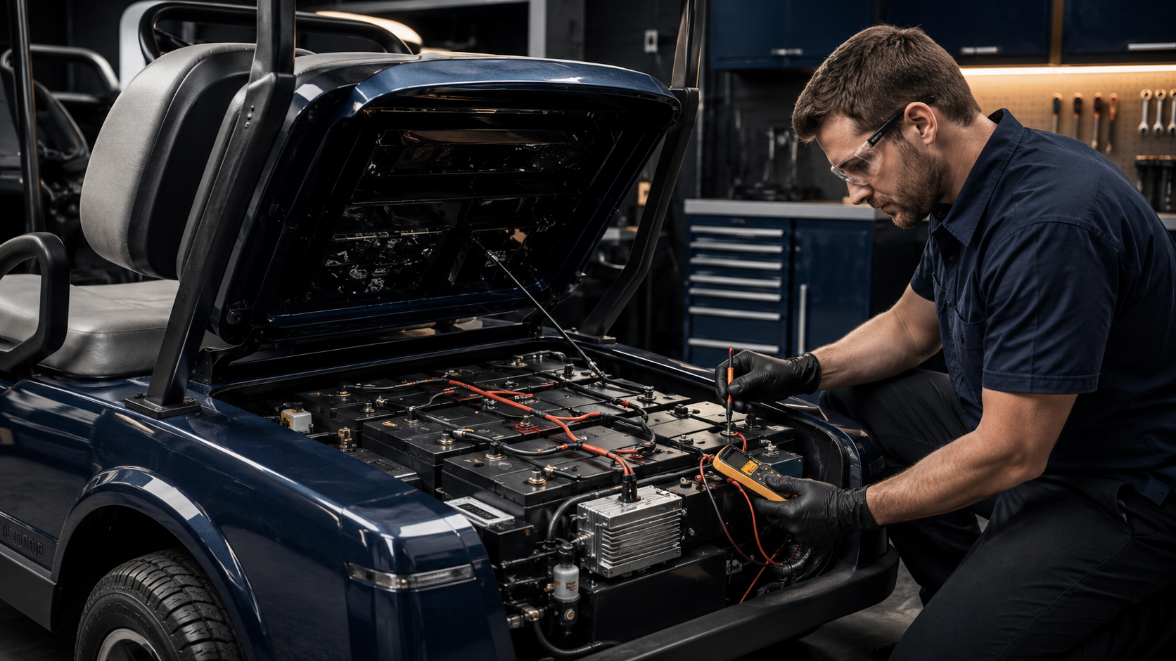 Technician inspecting golf cart batteries and electrical power connections