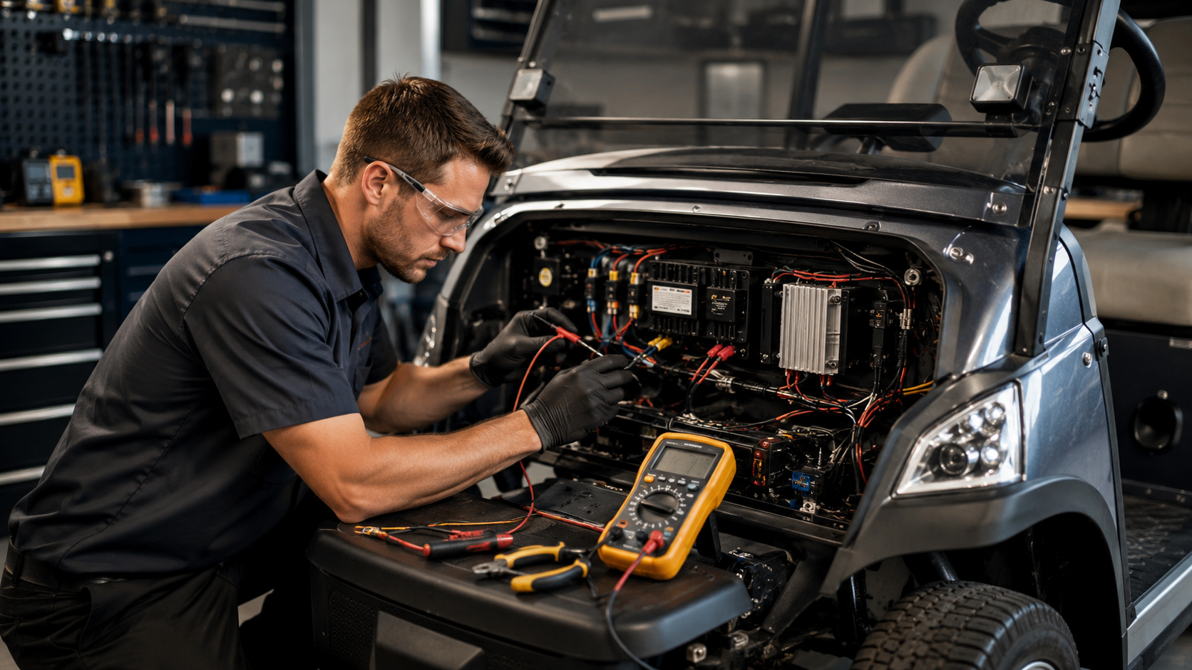 Technician performing systematic golf cart wiring and electrical diagnostics