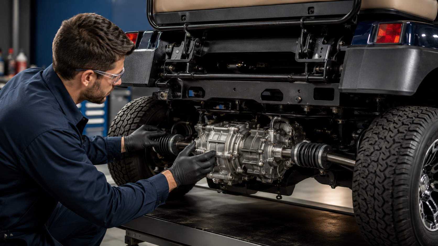 Technician inspecting a golf cart transaxle, drivetrain and axle system