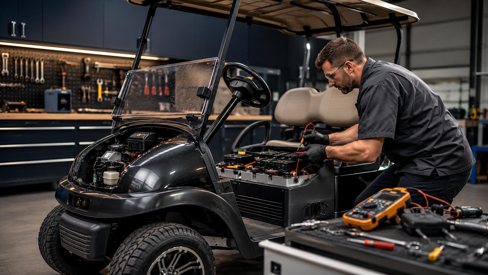 Technician diagnosing a golf cart in a professional repair workshop