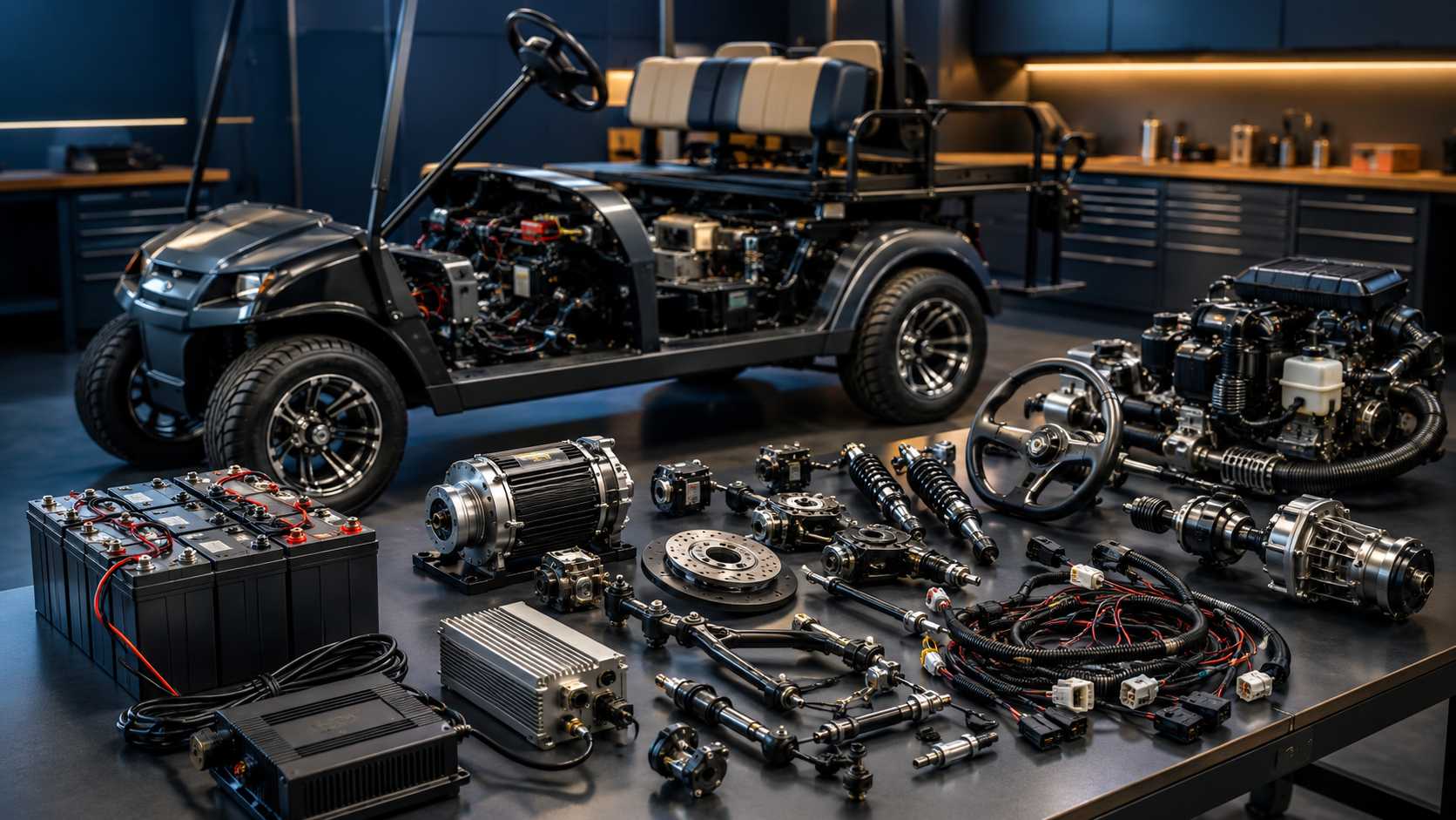Major electric and gas-powered golf cart parts arranged for identification