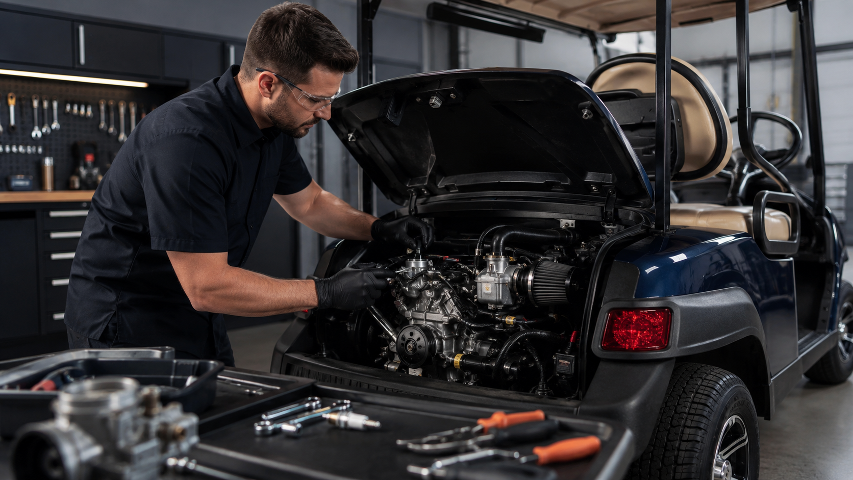 Technician servicing a gas-powered golf cart engine and fuel system