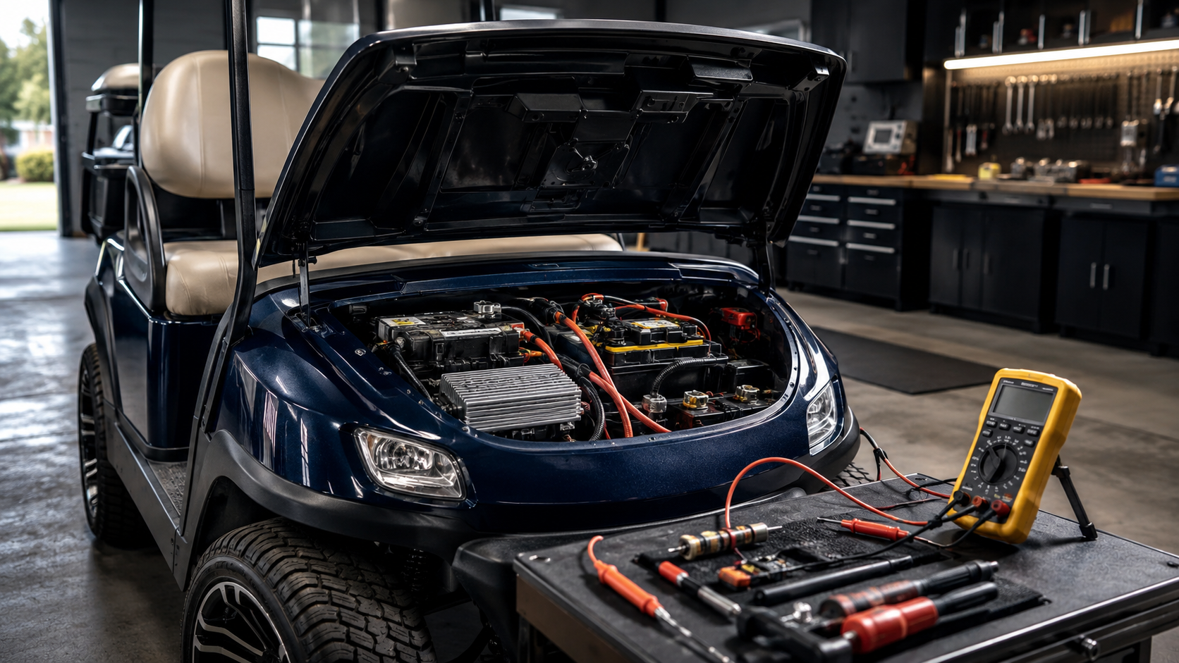 Golf cart opened for troubleshooting common electrical and mechanical problems