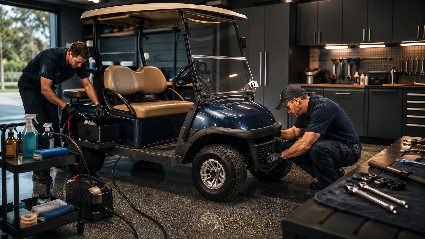 Golf cart receiving routine battery, tire and preventive maintenance