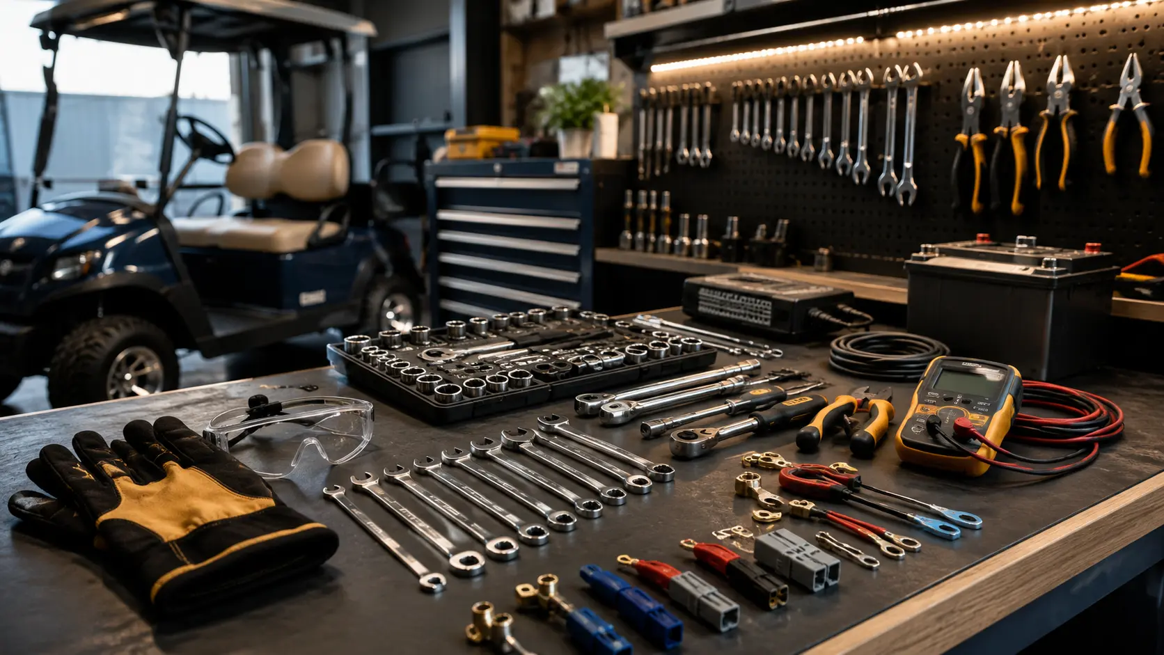 Organized golf cart repair tools and safety equipment